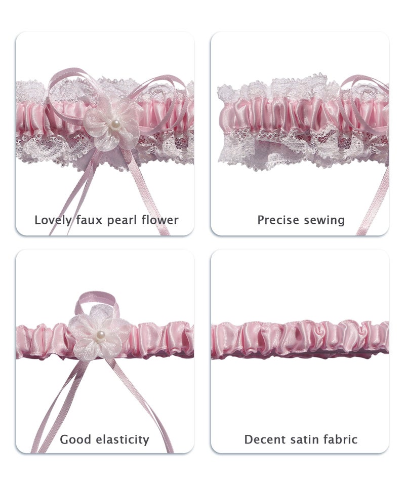RIMOBUL 2 Pieces Wedding Garters Lace Bridal Garter Faux Pearls Garter for Bride with Toss Away (Pink) - Image 3
